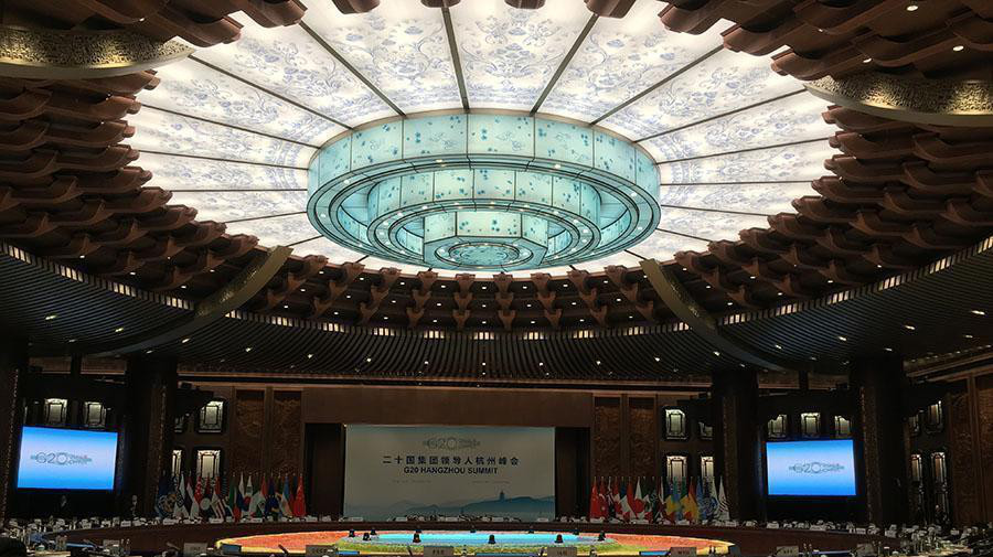 G20杭州峰会主会场充满中国特色 中外记者就绪