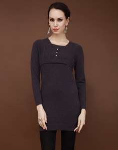 女款暗花紫色烫钻时尚长袖100%山羊绒连衣裙