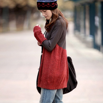 AMII品牌 撞色拼接圆领<em>中长款宽松毛衣</em> 女3色1