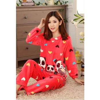 舒适<em>法兰绒</em> 女士<em>秋冬</em>长袖<em>睡衣</em> <em>保暖</em>家居服 红色