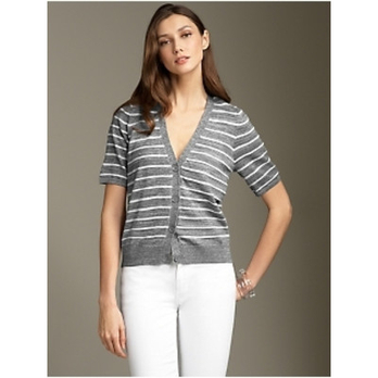 TALBOTS 女士常规款<em>短袖开衫</em>V领棉混<em>针织衫</em>