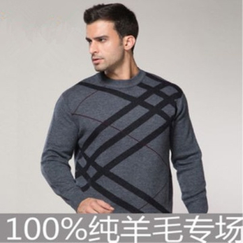 2013秋冬新款男士<em>毛衣</em>男款格子<em>纯羊毛</em>毛衫圆