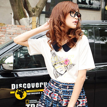 ANDO STORE <em>安都</em> 韩版<em>女孩</em>头印花娃娃领短袖