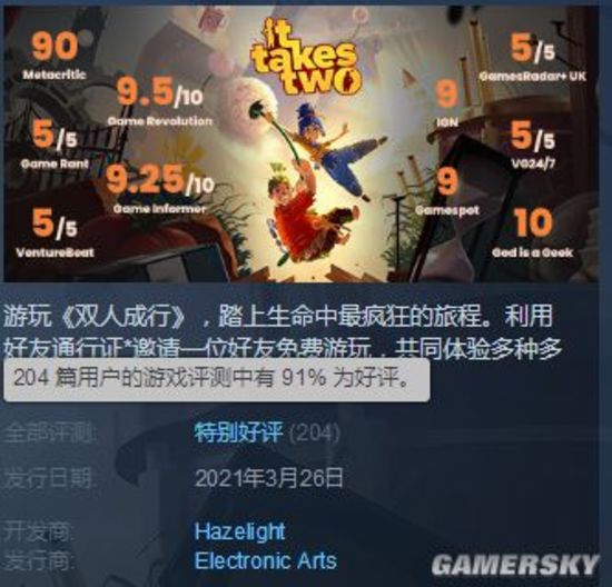 双人成行steam特别好评好评率91就是好玩