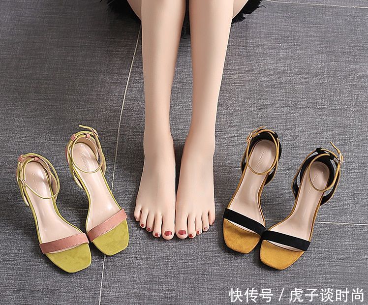一字带方头拼色高跟凉鞋,让你的脚放松,让你的