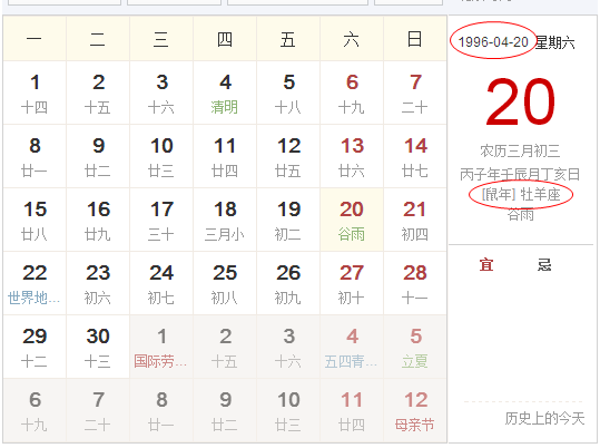 96年,农历3月11号,新历4月20号。是什么星座?
