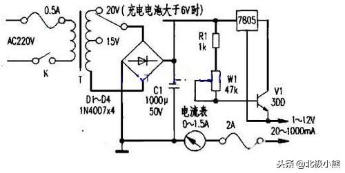 如图所示,该电路由7805构成恒流源电路,通过大功率三极管进行扩流.