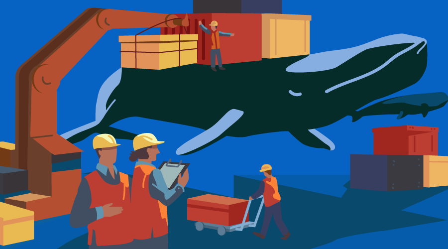 A team of workers with a crane loading containers onto the back of a whale. Kubernetes and Docker.
