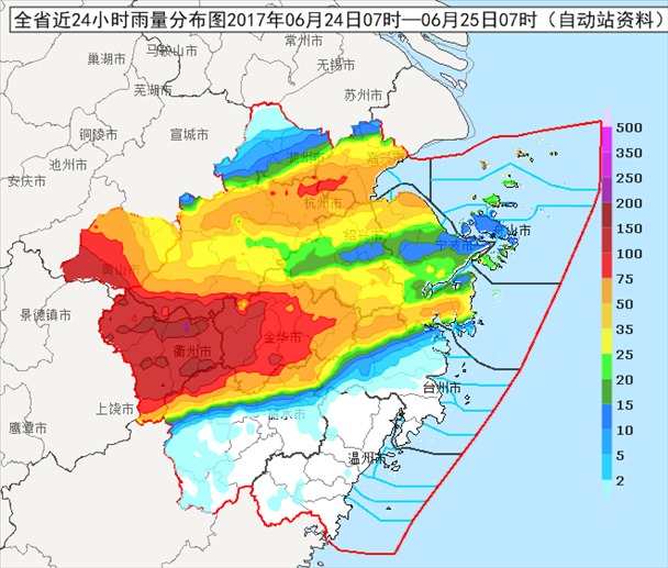 24日07时-25日07时近24小时全省累计雨量分布图(单位:毫米)