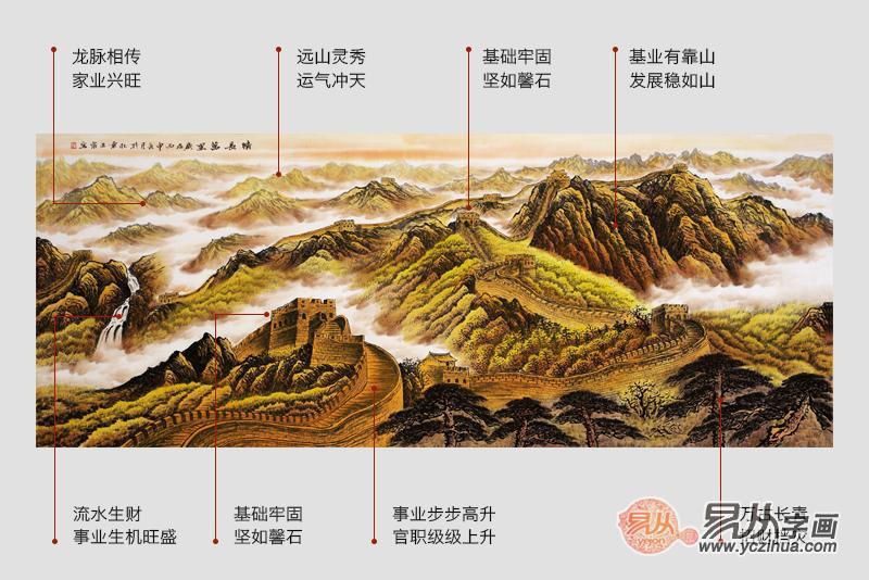 二,从风水角度来看,万里长城山水画取向巨龙,山脉绵延,背有靠山,藏风