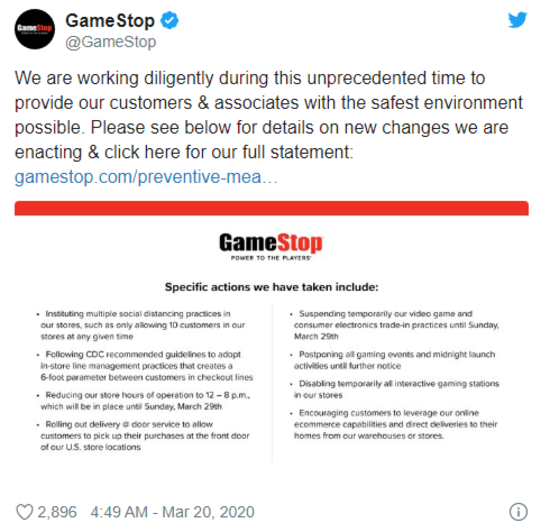 尽管疫情严峻 北美游戏零售商gamestop将坚持营业