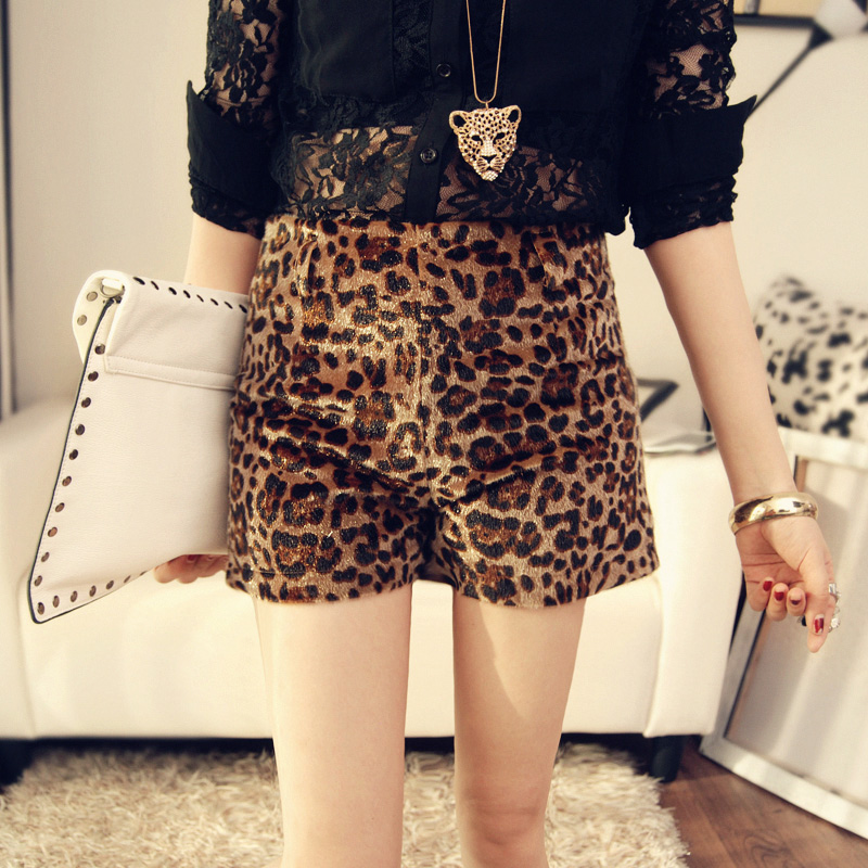 小香风2012冬女 英伦豹纹毛呢<em>高腰短裤</em>丝绒加