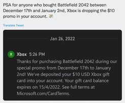 Xbox官方给《战地2042》玩家发放10美元优惠券 具体原因尚未说明