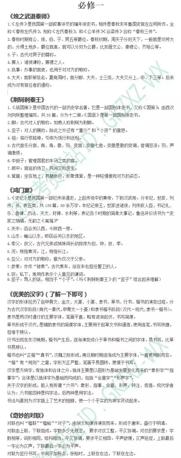 高中语文课本必修1-5常考文化常识梳理,建议收