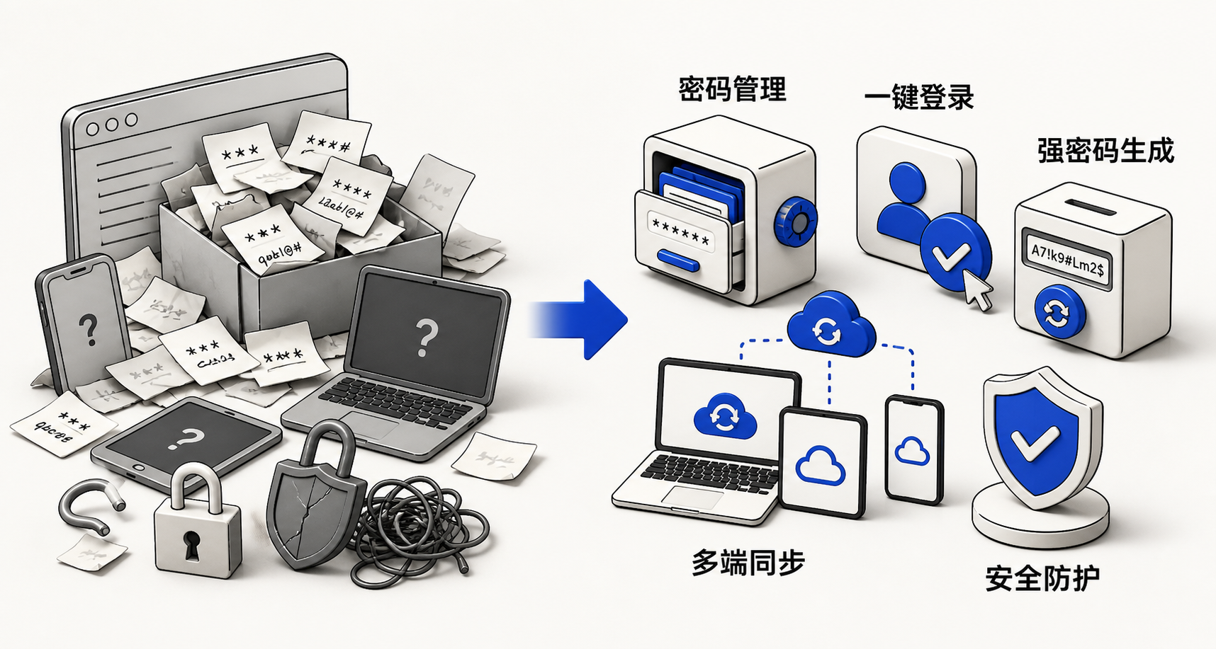 左右对比图：左侧为Firefox密码管理界面（主密码+扩展图标），右侧为360登录管家界面（带设备同步开关、强密码生成按钮和登录列表）