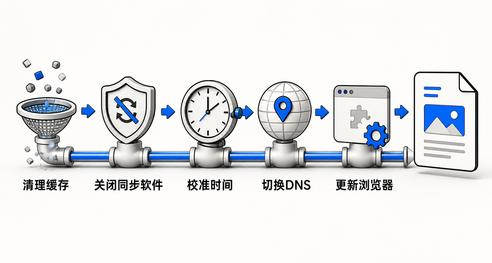 六步线性排查流程图：从清理浏览器缓存开始，依次执行关闭同步软件、校验系统时间、切换DNS或使用手机热点、更新360浏览器、重获下载链接，最终尝试兼容模式