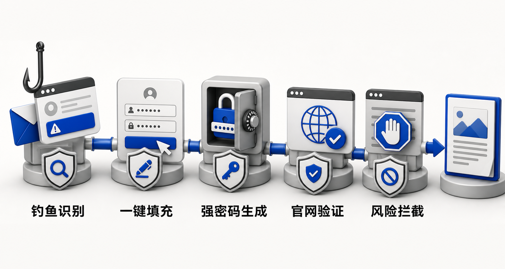 三步流程图：用户点击登录框 → 浏览器识别当前页面为仿冒网银（红框警示）→ 登录管家拒绝填充并弹出‘非官方站点’提示，右侧同步显示品牌官网绿色认证标识