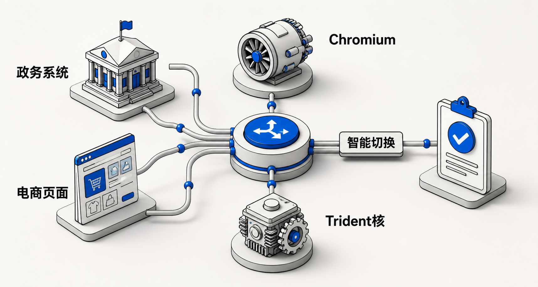 中心辐射图：360浏览器为中枢，向外连接Chromium内核（适配现代电商、视频页）和Trident内核（适配老旧政务、校园系统），标注典型场景与自动/手动切换示意