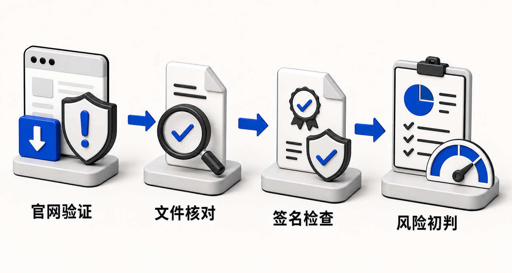 流程图展示用户在浏览器提示下载被阻止后，依次检查下载页面是否为官网、文件名是否匹配、文件大小和数字签名是否合理三个步骤