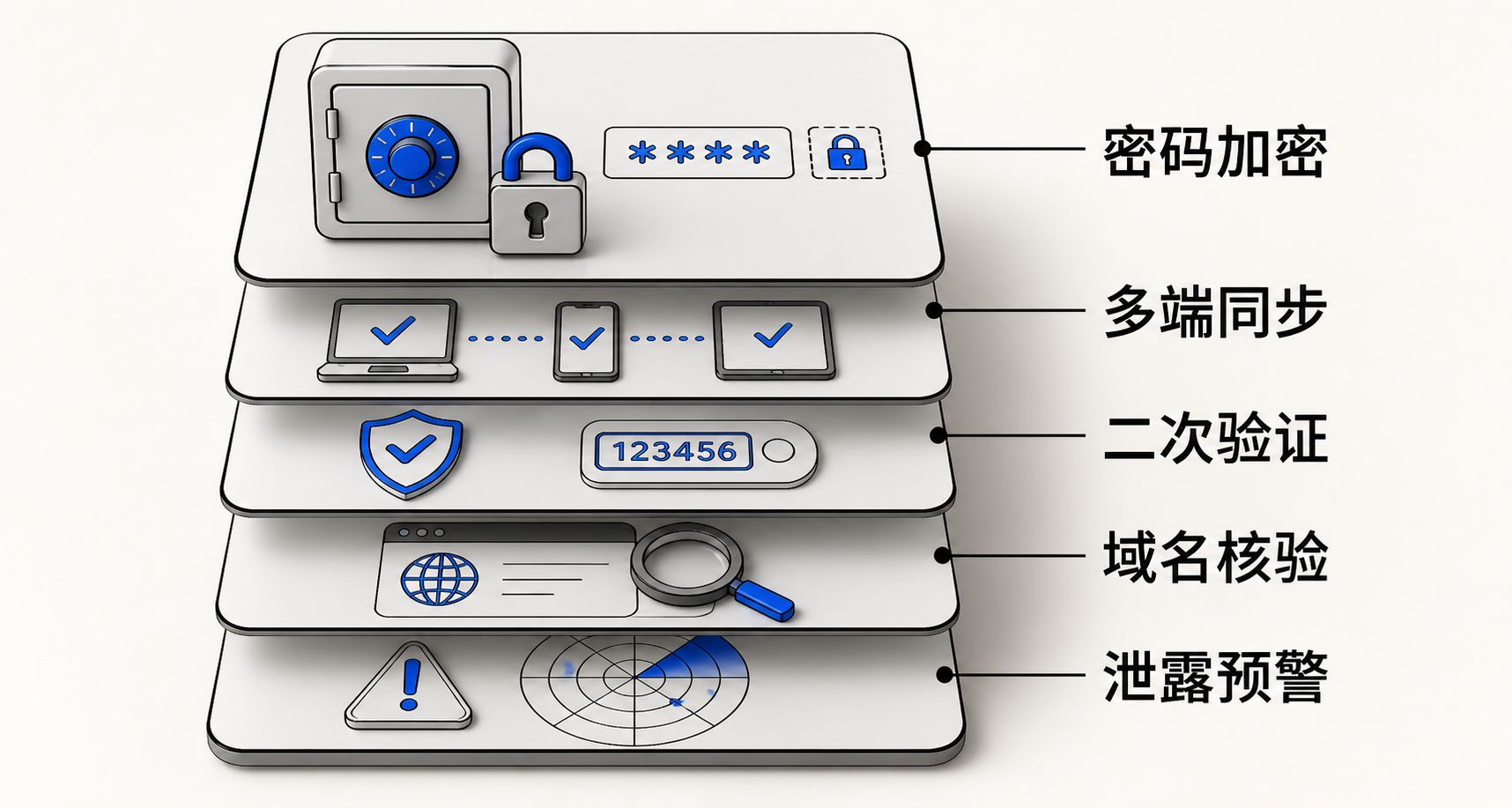 分层示意图：底层为本地加密存储，中层为设备间同步（含开关控制），顶层为用户主动操作——启用2FA、核验域名、识别仿冒页、响应泄露提示