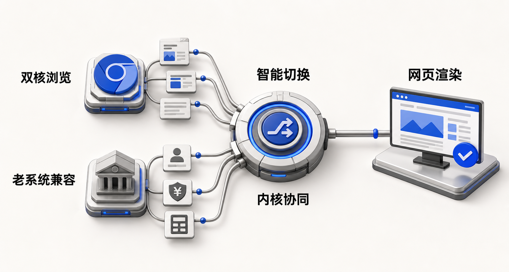 中心为360浏览器图标，左侧辐射出Chromium内核连接现代网站（电商、资讯站），右侧辐射出兼容内核连接老旧系统（网银、政务平台、OA界面），中间标注‘自动识别+手动切换’