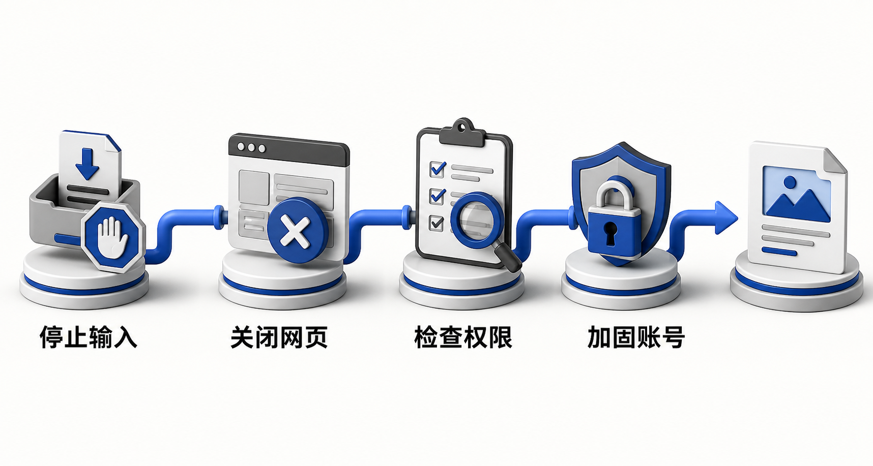 从左到右线性流程图：第一步‘停止输入密码’图标，第二步‘关闭可疑标签页’按钮，第三步‘检查下载/扩展/权限’三栏快照，第四步‘修改密码+开启MFA’盾牌图标