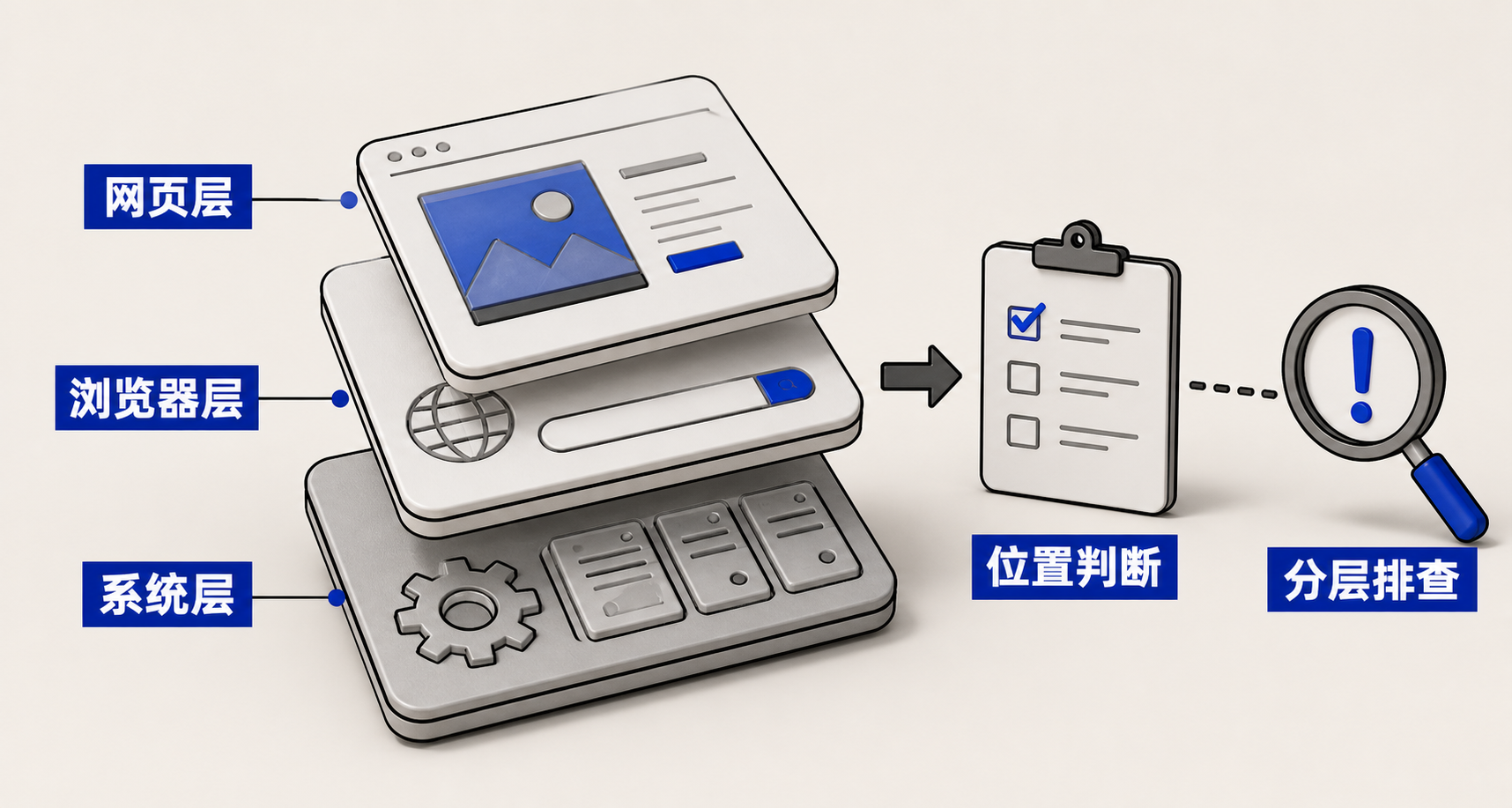 三层堆叠示意图：最上层为网页内容区（含滚动红圈），中层为浏览器界面（地址栏/扩展区固定红圈），底层为操作系统（悬浮于所有窗口的红圈）
