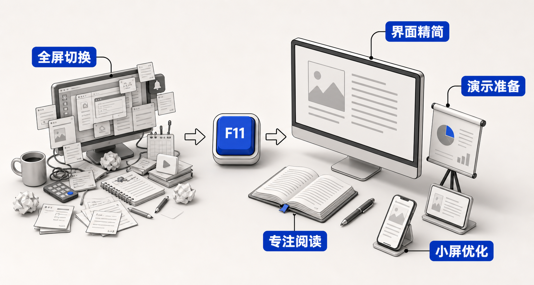 左右分屏对比图：左侧为常规浏览器窗口（含标题栏、地址栏、标签栏、工具栏）；右侧为F11全屏状态（仅显示网页内容，无任何浏览器UI元素），中间箭头标注'按F11切换'