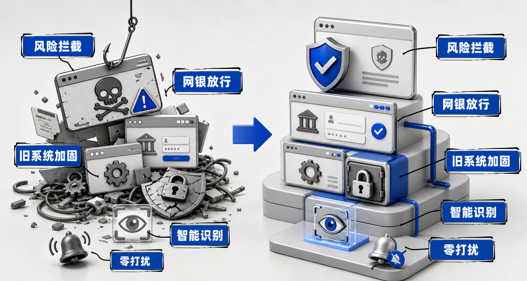 左右对比图:左图显示钓鱼网站被红色警示框拦截;右图同域名下网银或OA页面正常加载,页面角落有绿色盾牌标识和‘已验证’提示,强调安全不阻工