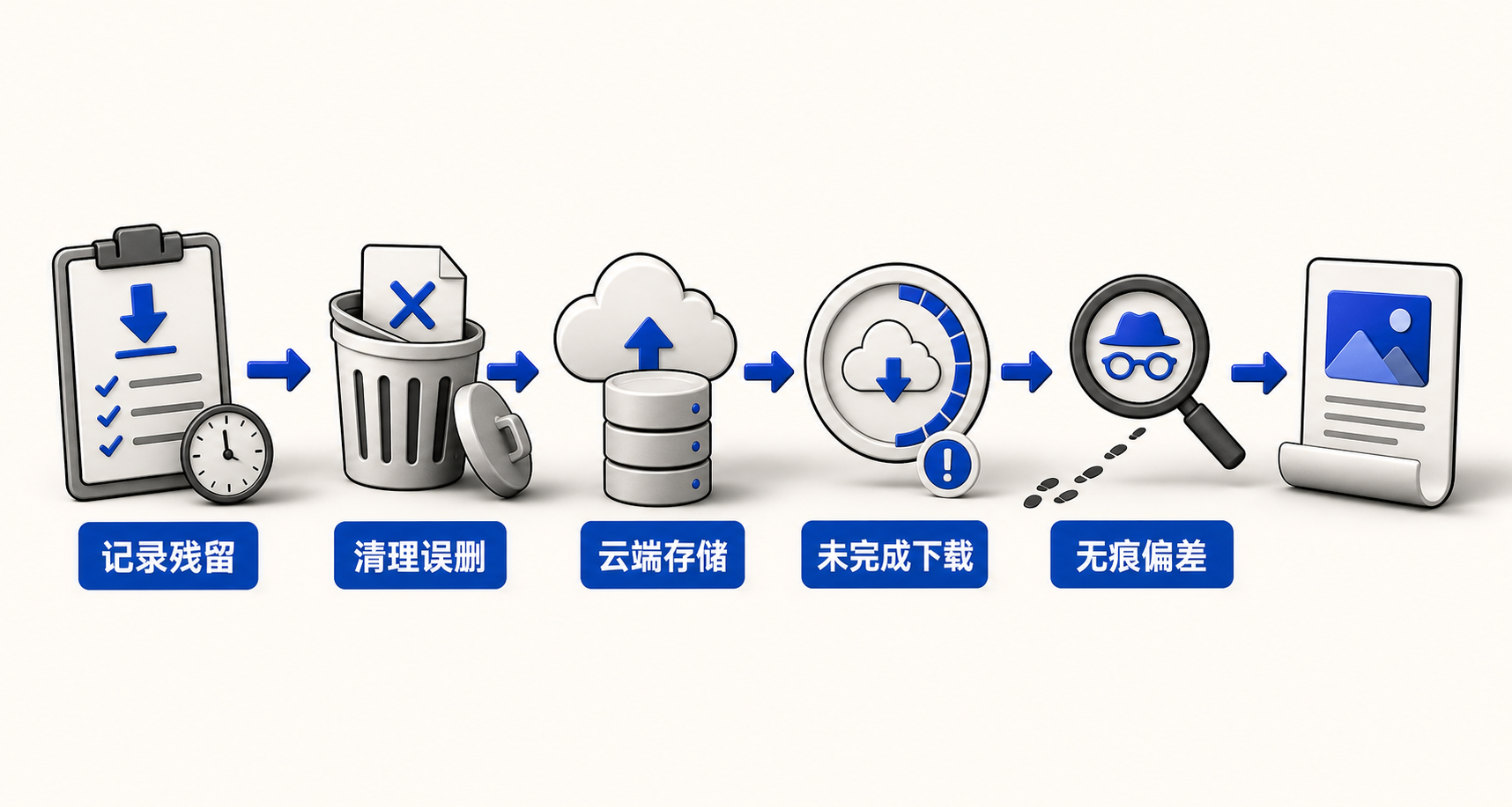 横向流程图：五个并列环节依次展示‘浏览器记录存在但文件已删’‘清理工具移除文件’‘保存至iCloud非本机’‘临时文件未写入’‘无痕模式导致认知错位’，箭头表示常见排查顺序
