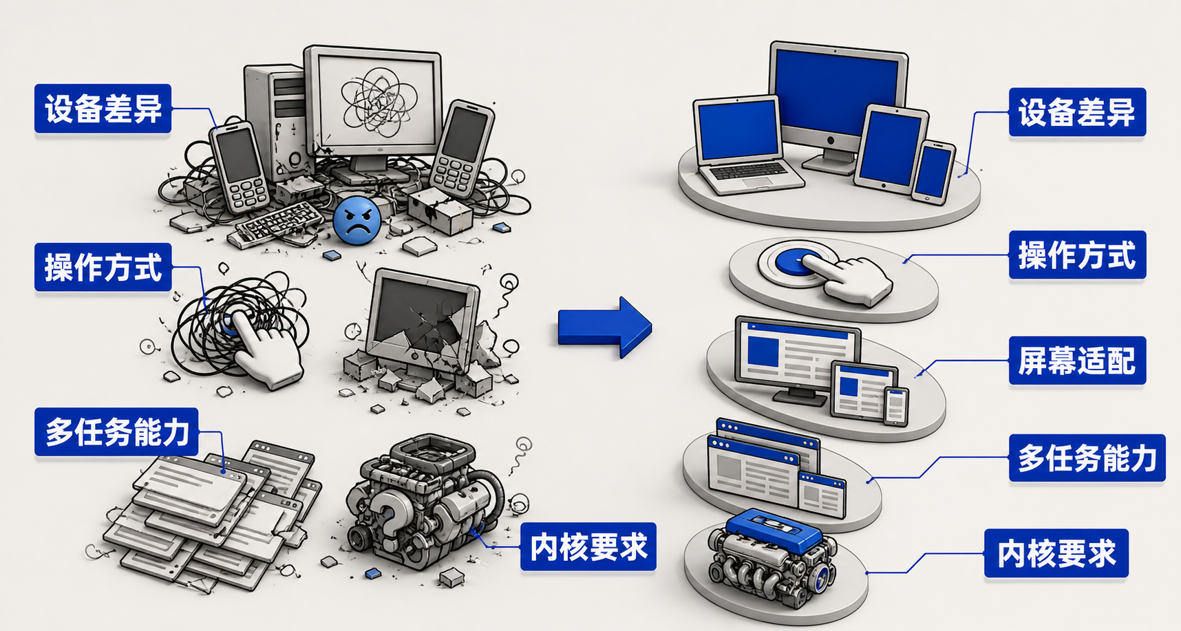 对比图：左侧为PC浏览器在大屏上多标签+键盘鼠标操作场景，右侧为手机浏览器触控单手操作小屏界面，中间用双向箭头标注‘核心差异’