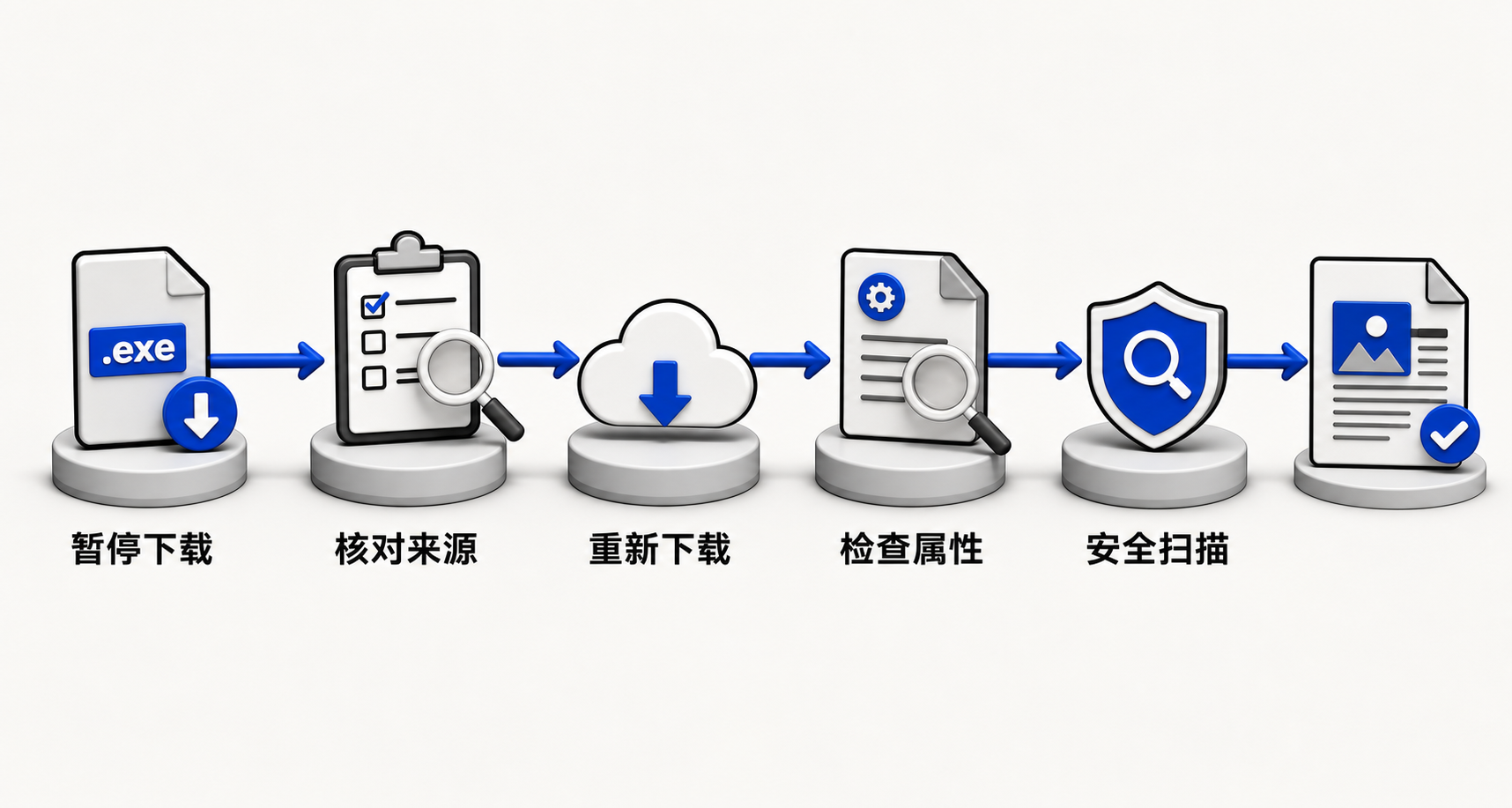 横向六步流程图：从左至右依次为暂停下载→核对来源→重新下载→检查属性→安全扫描→不确定即放弃，每步带图标与简短动作说明