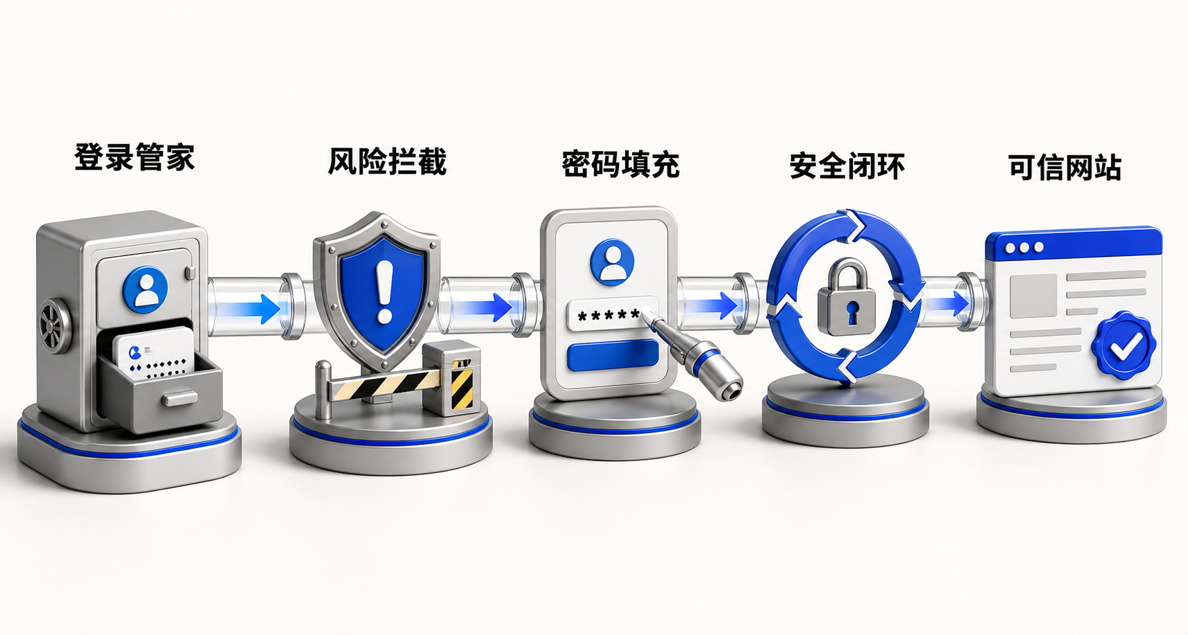 图示360安全浏览器在用户访问网站时的两阶段流程：左侧为安全防护模块识别并拦截仿冒网站，右侧为登录管家在可信网站自动填充强密码，体现‘先识别风险、再完成登录’的协同路径