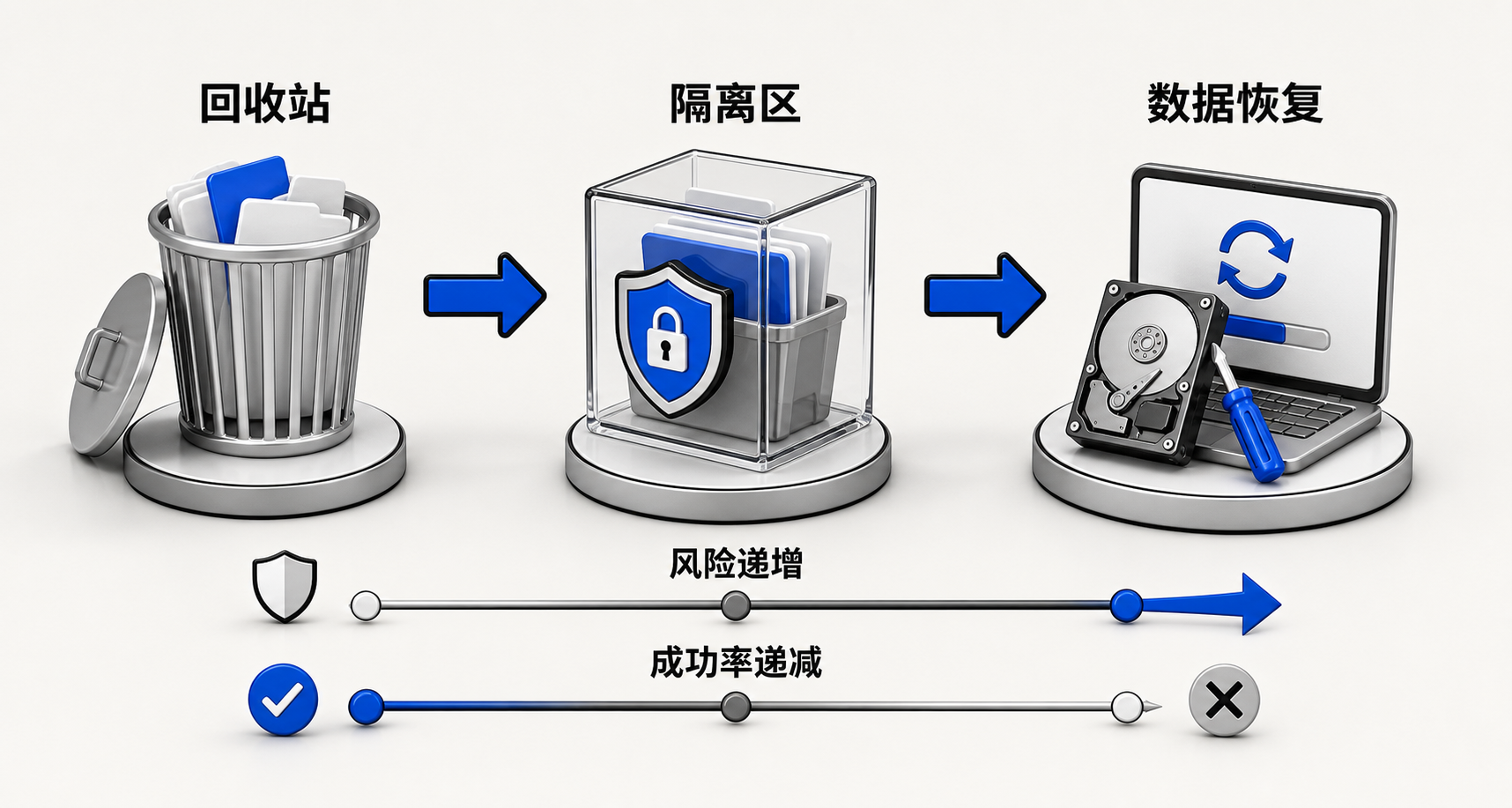 横向流程图:从左到右依次为回收站(绿色勾选)、安全软件隔离区(黄色警示)、数据恢复软件(红色问号),箭头标注‘低风险→高风险’与‘高成功率→不确定性’