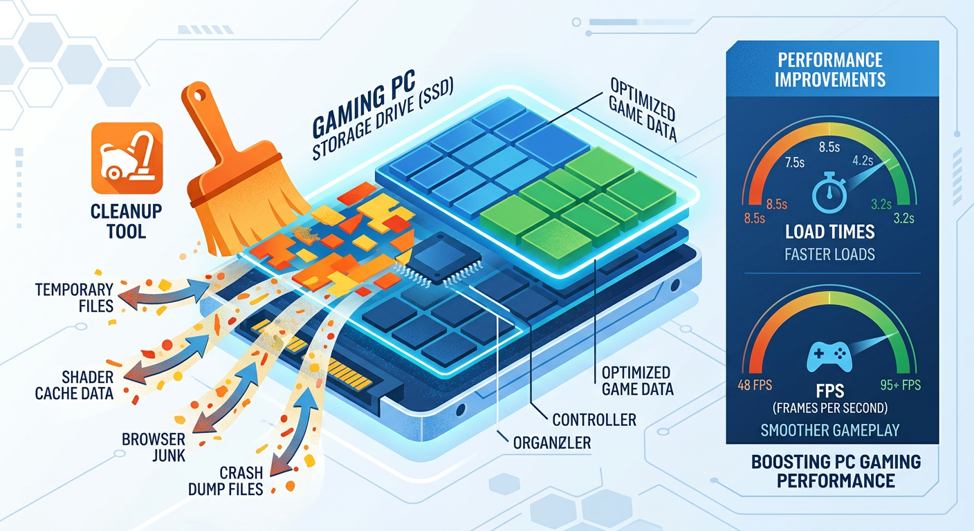 Infographic showing CPU usage percentage spikes during simultaneous antivirus scanning and active gameplay on a gaming PC, illustrating performance conflict between security software and game engine processes