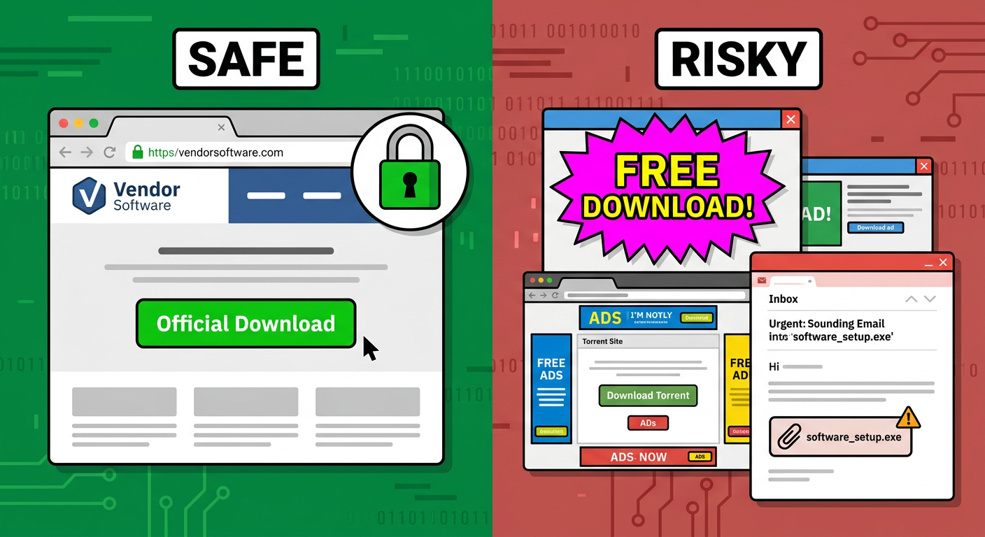 Diagram illustrating how a trojan virus disguises itself as legitimate software to infiltrate a Windows PC system