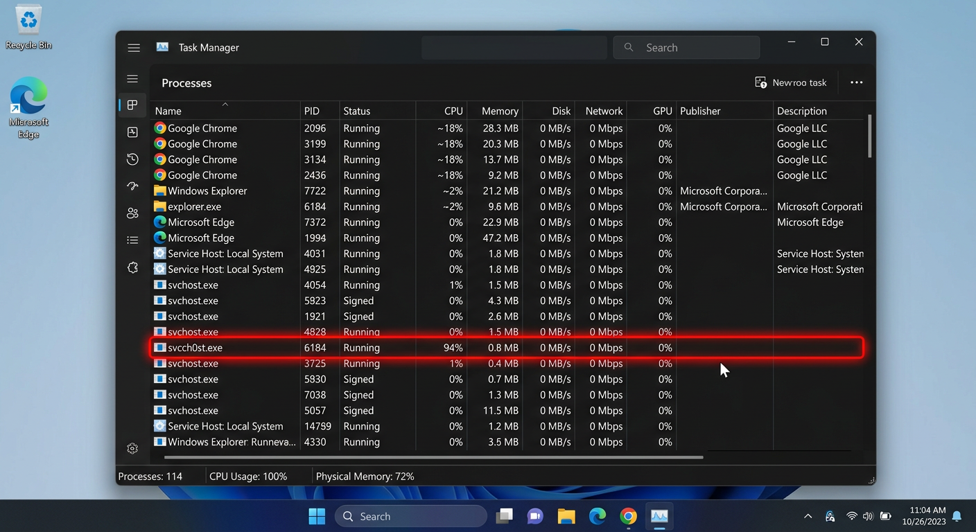 Common computer virus symptoms infographic showing performance slowdown, browser redirects, and disabled antivirus warnings on a Windows PC