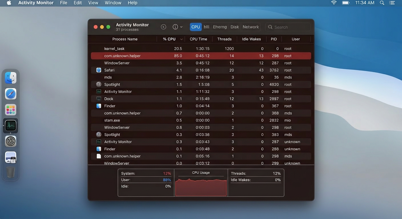 A realistic illustration of a fake Flash Player Update dialog box appearing on a Mac screen, a common malware delivery method targeting macOS users