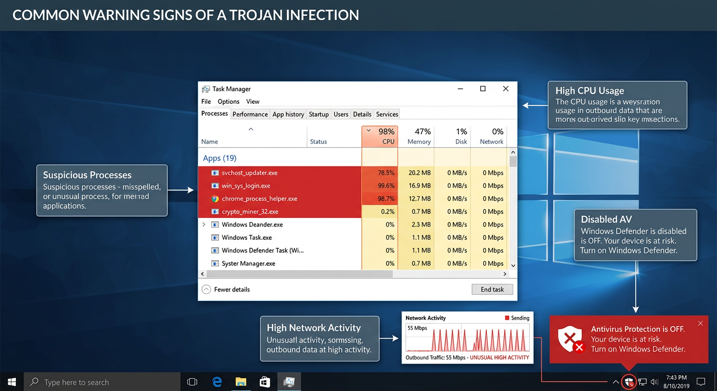 Tech-editorial graphic illustrating how a banking Trojan overlays a fake login form on top of a legitimate banking website to steal financial credentials
