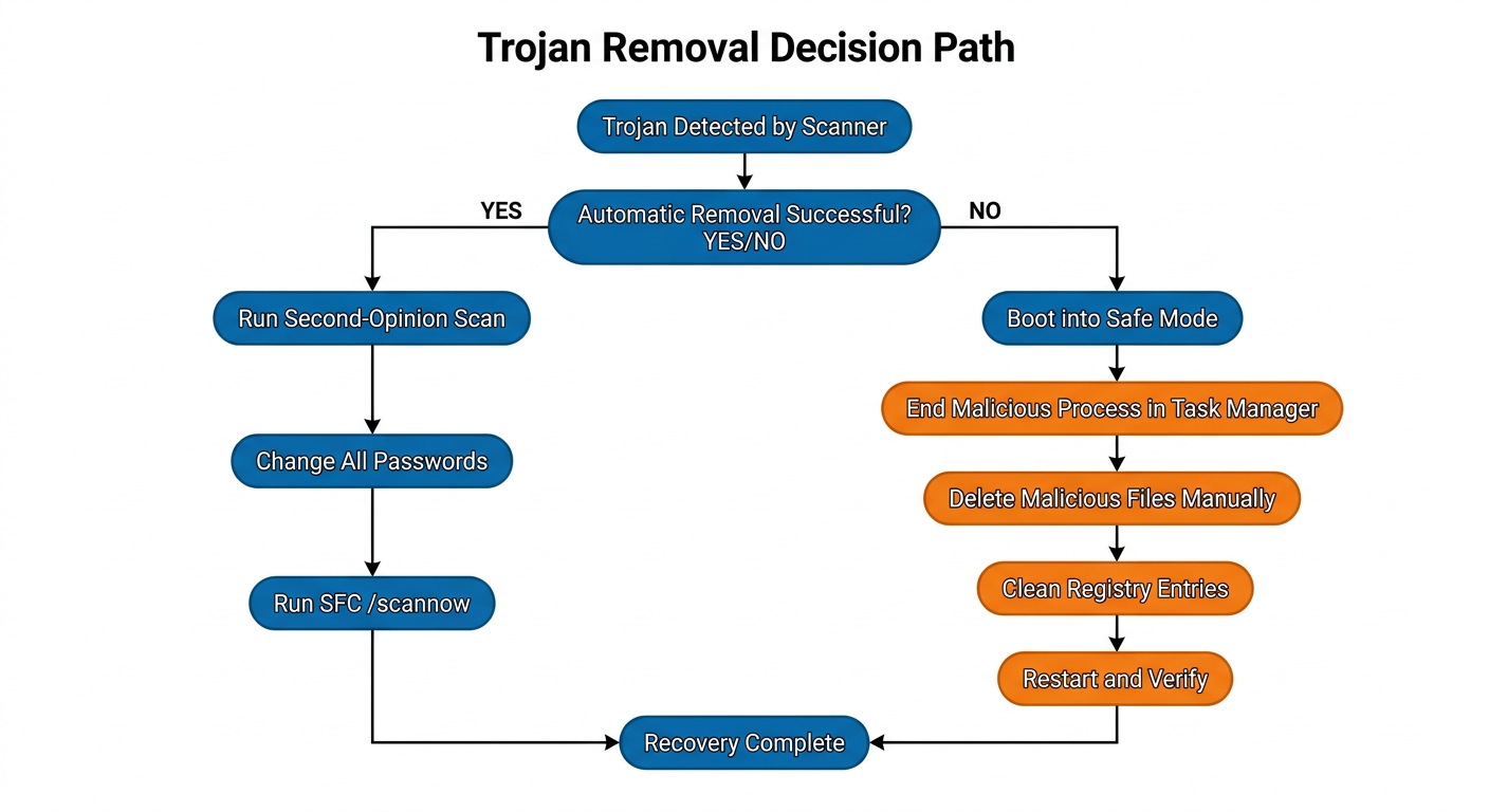 Tech editorial graphic comparing a safe official software download source versus risky trojan distribution sources like pop-up ads and torrent sites