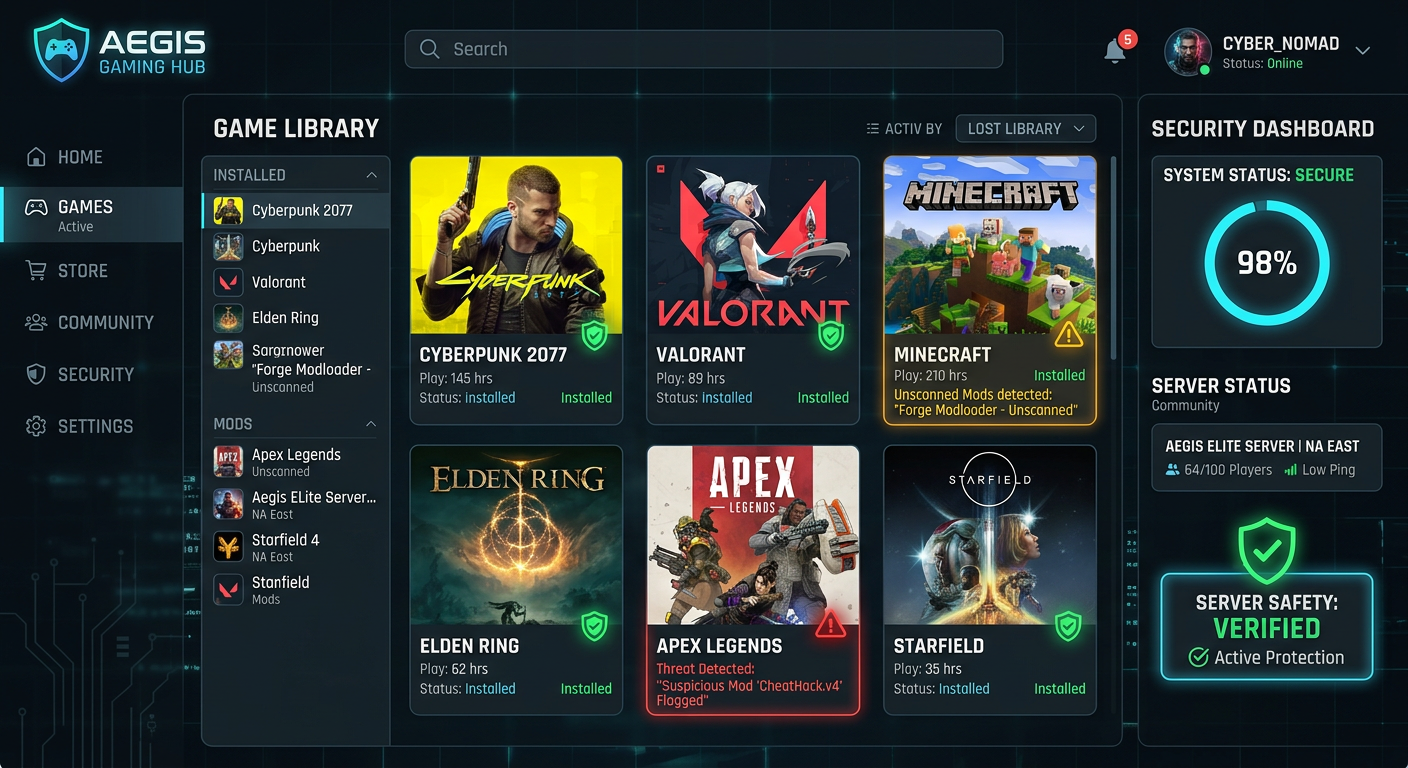 Screenshot mockup of a gaming optimizer interface within an antivirus dashboard showing before and after system resource usage metrics including CPU, RAM, and disk activity improvements