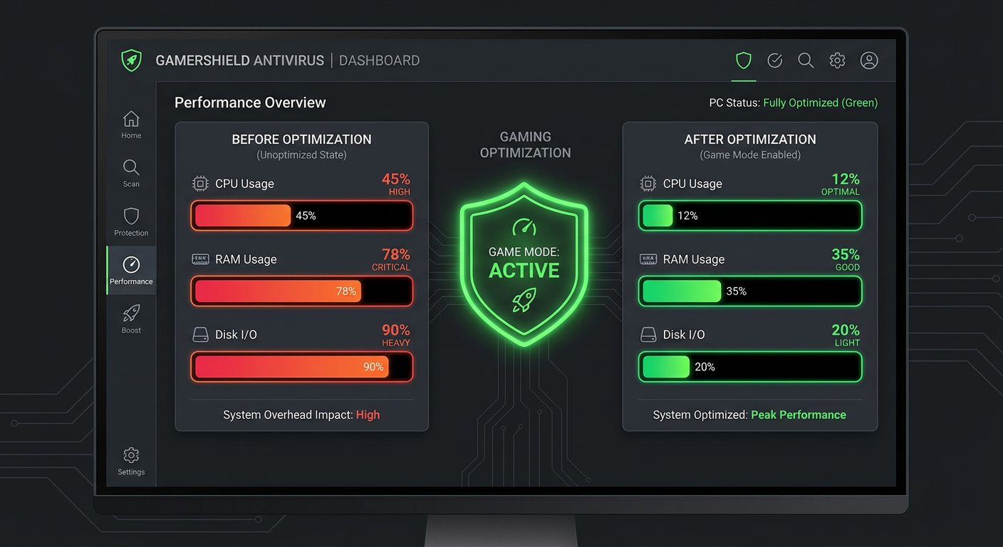 System architecture diagram showing how gaming optimization settings like disabling UAC and Windows Defender create security backdoors and vulnerability pathways in a gaming PC