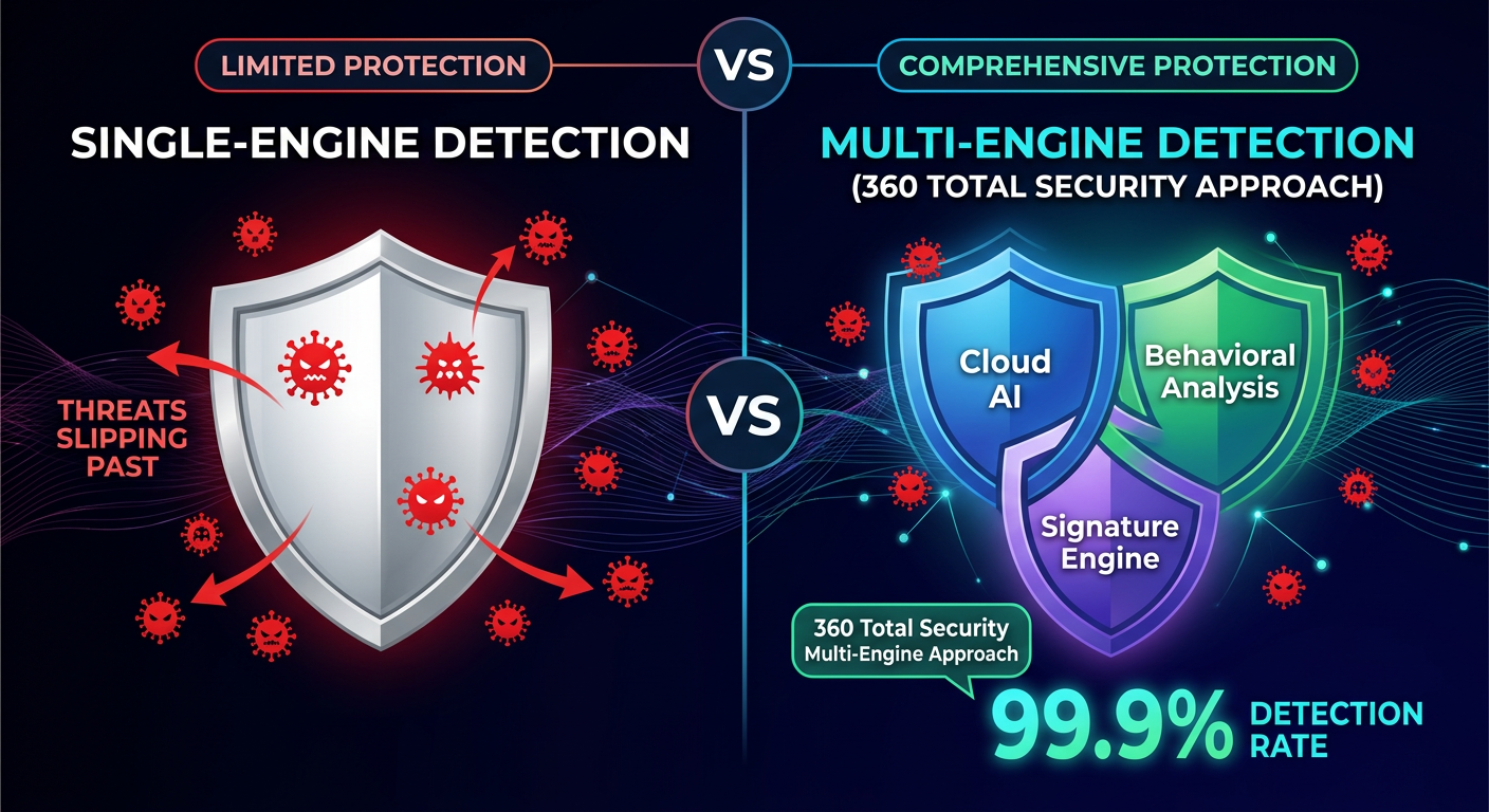 Security stack diagram showing Windows Defender as the base protection layer with gaps filled by third-party antivirus tools for browsing protection, system optimization, advanced firewall, and sandbox features on Windows 11