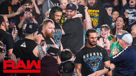 WWE RAW 2019 【RAW 03/11】罗门伦斯赛斯罗林斯汀安布罗斯 捍卫者三帅观众席出场