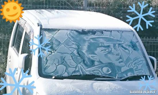 冬季限定痛车岛国画师雪后在车玻璃上画jojo