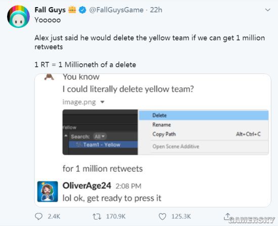 糖豆人终极淘汰赛官方确定推特转发破百万我们就删掉黄队