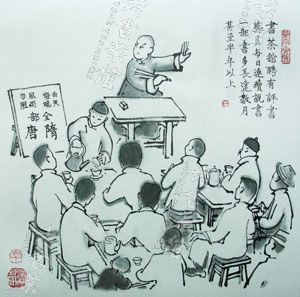 說書人手揚摺扇,退開弓步,講述將帥交鋒,兩軍對壘,吼喊廝,短打擒人,給